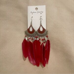 Wine red feather earrings - brand new